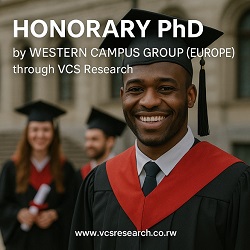 Honorary PhD program by Western Campus Group in Europe through VCS Research.